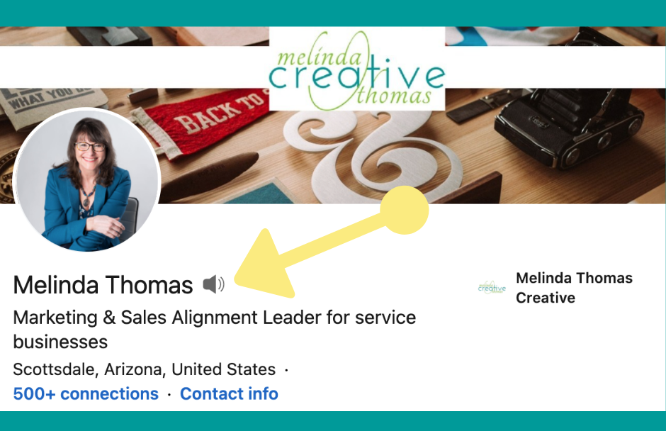 LinkedIn Profile banner with arrow pointing to the sound icon.