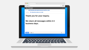 Computer screen with an email open, that contains an automatic generic response. It reads, “Thanks for your inquiry. You will receive a reply to your message within 2-3 business days.” 