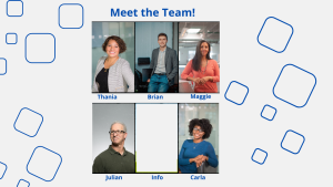 Fake company Meet the Team webpage with 6 team member photos, including 1 photo that is blank, labeled as Info."